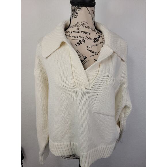 ZARA Thick Knit Polo Sweater Womens Large Semi Crop Pocket Cream Cottagecore - Picture 2 of 10